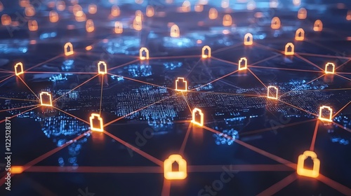 Abstract network with glowing icons over city lights representing digital connections and data transfer
