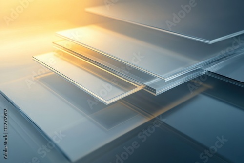 Stacked transparent glass sheets with soft reflections and warm light creating a modern and minimalistic composition