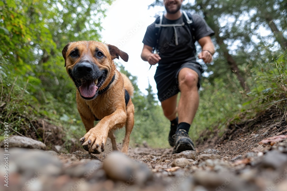 An active dog runs happily alongside its hiker owner on a beautiful forest trail, demonstrating the joy of outdoor activities and strong human-animal bonds. An active dog runs happily alongside its hiker owner on a beautiful forest trail, demonstrating the joy of outdoor activities and strong human-animal bonds.