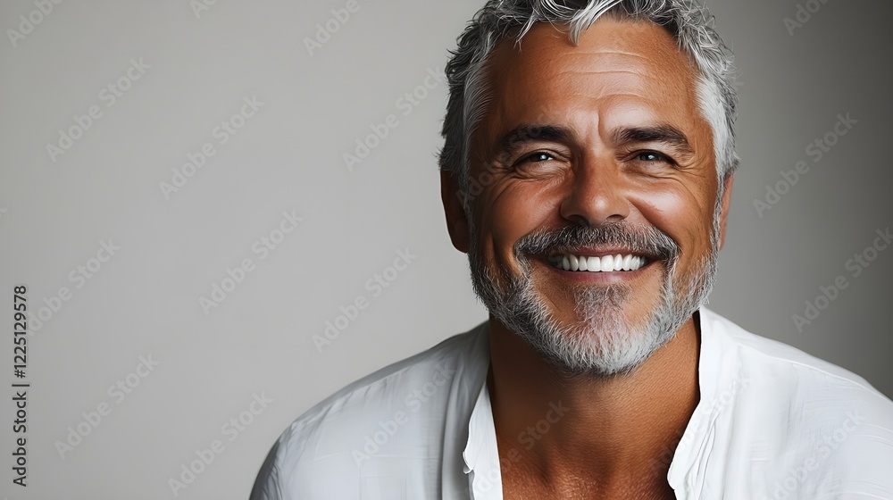 Obraz premium Smiling Middle-Aged Man with Gray Hair and Beard – Confident and Happy Expression