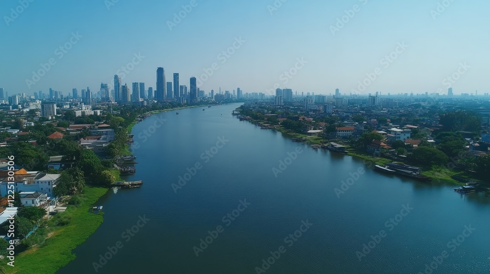 Aerial view of Bangkok skyline with skyscrapers and the Chao Phraya River under a clear blue sky Aerial view of Bangkok skyline with skyscrapers and the Chao Phraya River under a clear blue sky