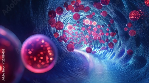 Red spheres flowing through a blue tunnel with light effects creating a dynamic abstract view photo