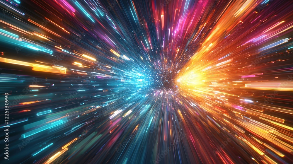 Naklejka premium Abstract light speed tunnel with vibrant colors and dynamic movement in a digital space