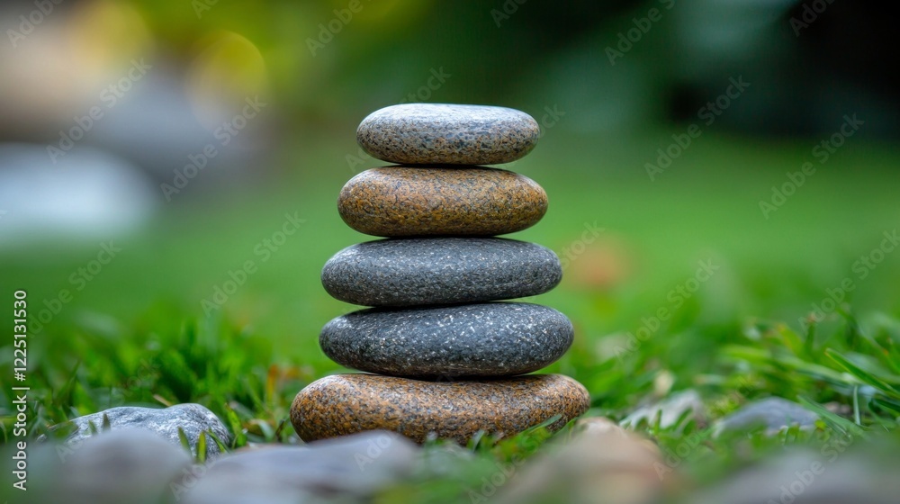 In a peaceful outdoor garden, five smooth stones are carefully stacked atop each other, symbolizing balance and mindfulness In a peaceful outdoor garden, five smooth stones are carefully stacked atop each other, symbolizing balance and mindfulness