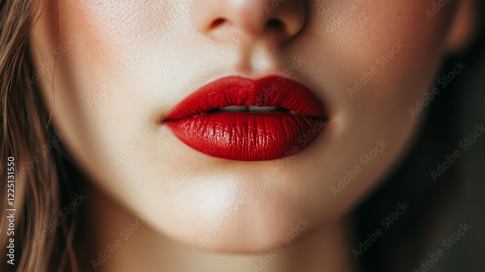 Fototapeta premium Bold red lips showcased in a close-up portrait with soft lighting