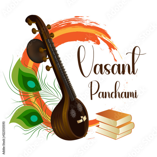 The image showcases a veena peacock feathers and books all symbols of Saraswati Vibrant brush strokes evoke spring Vasant Panchami is written in a cursive font