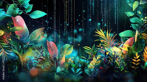 Fototapeta Naklejka Na Ścianę i Meble -  Lush foliage and digital rain create a vibrant and modern jungle scene with glowing accents