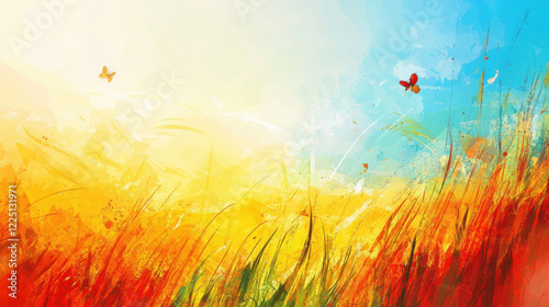 Bright summer landscape with butterflies and vibrant colors