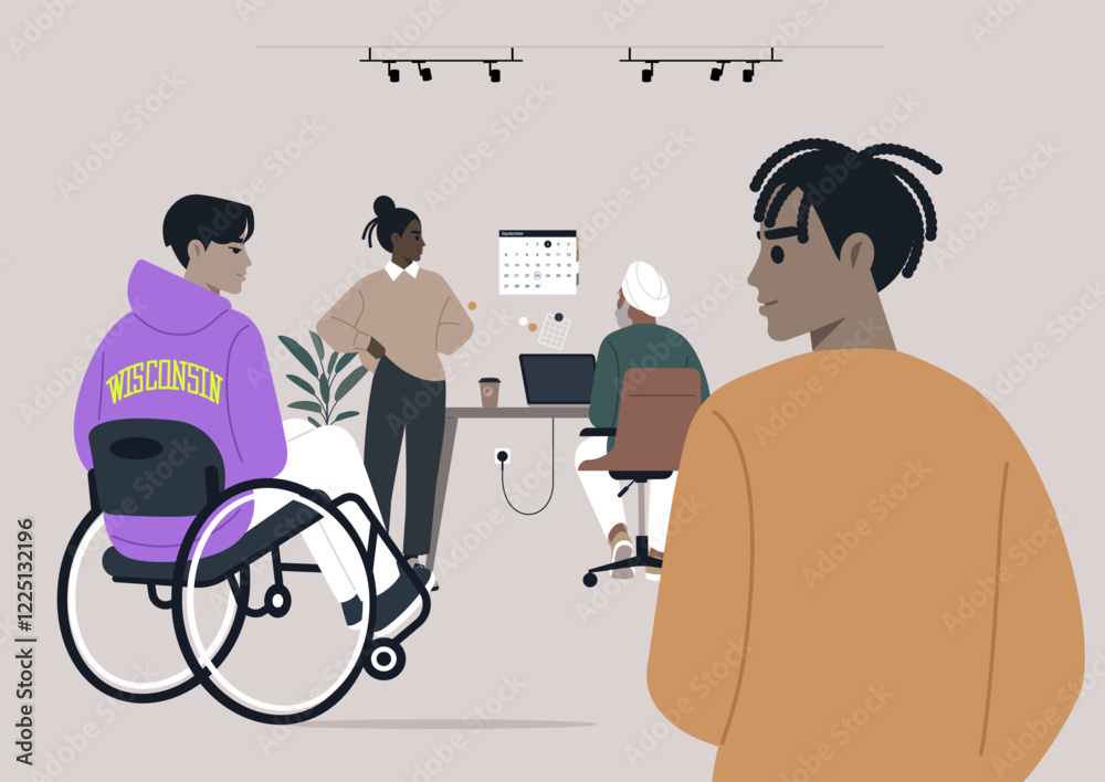 A group of five office professionals engage in brainstorming different strategies, One person utilizes a wheelchair, emphasizing teamwork and inclusivity in their innovative space A group of five office professionals engage in brainstorming different strategies, One person utilizes a wheelchair, emphasizing teamwork and inclusivity in their innovative space