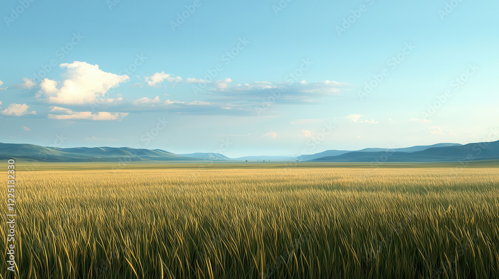 vast grassland under clear blue sky with distant mountains and fluffy clouds vast grassland under clear blue sky with distant mountains and fluffy clouds