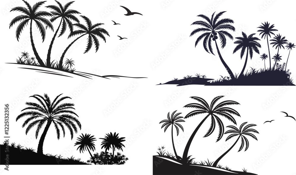 Fototapeta premium Tropical Silhouette Designs Featuring Palm Trees and Birds in Coastal Settings
