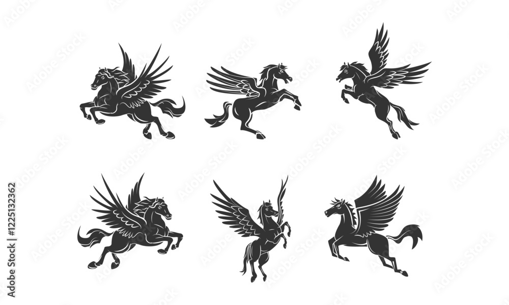 Vector Silhouettes of Mythical Pegasus Horses Portrayed in Different Dynamic Poses Vector Silhouettes of Mythical Pegasus Horses Portrayed in Different Dynamic Poses