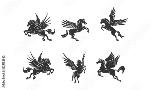 Vector Silhouettes of Mythical Pegasus Horses Portrayed in Different Dynamic Poses