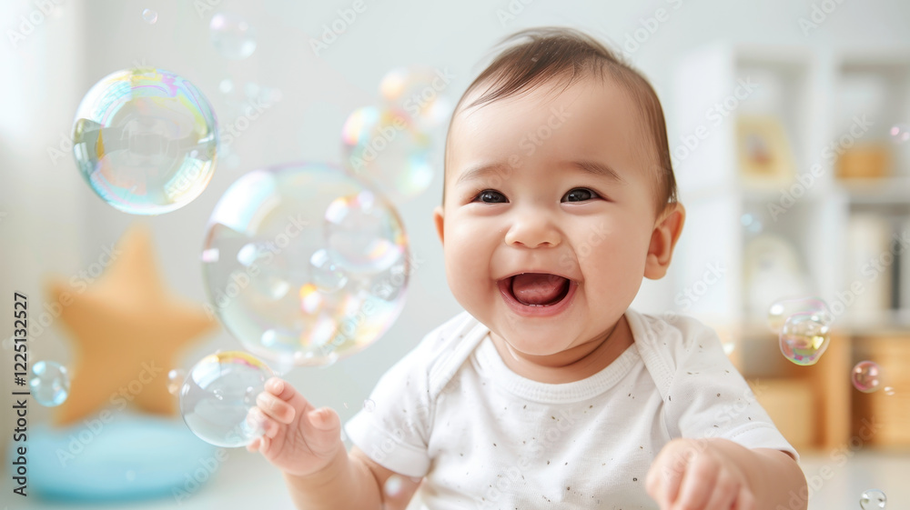 joyful baby surrounded by floating bubbles, giggling in pastel colored room, creating cheerful and playful atmosphere joyful baby surrounded by floating bubbles, giggling in pastel colored room, creating cheerful and playful atmosphere