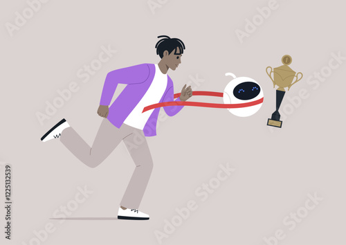 Energetic competitors sprint forward, showcasing the synergy of human skill and robotic efficiency during an intense competition for the championship trophy