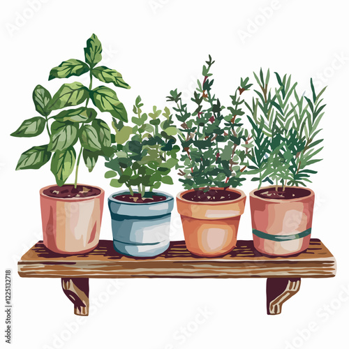 Watercolor Indoor Herb Garden on Hanging Shelf