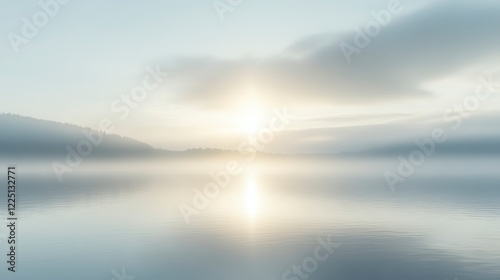 Soft, pale sunrise over a misty lake with scattered ice. Calm water reflects the warm light, creating a serene and peaceful atmosphere. Distant dark