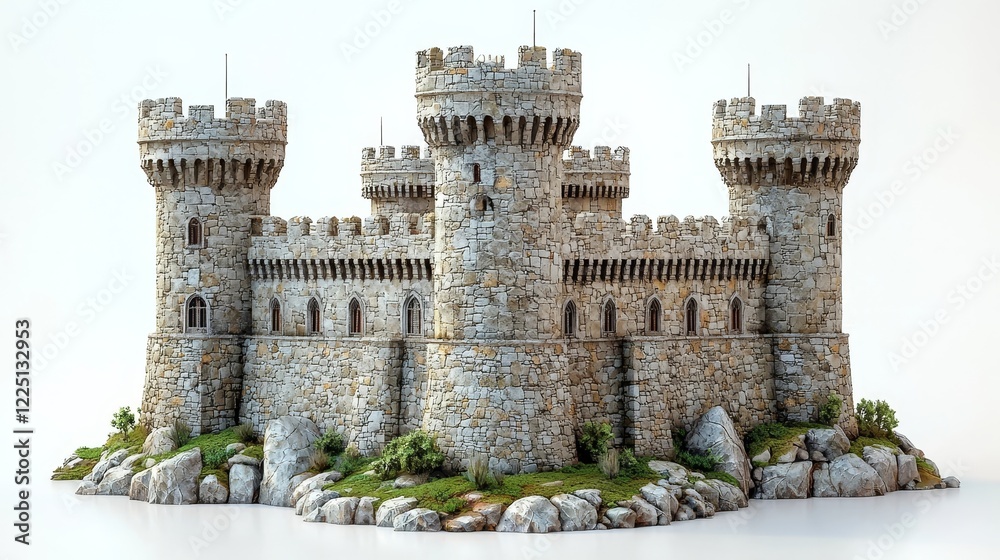 Majestic Medieval Castle with Towering Stone Walls and Arched Windows on White Background