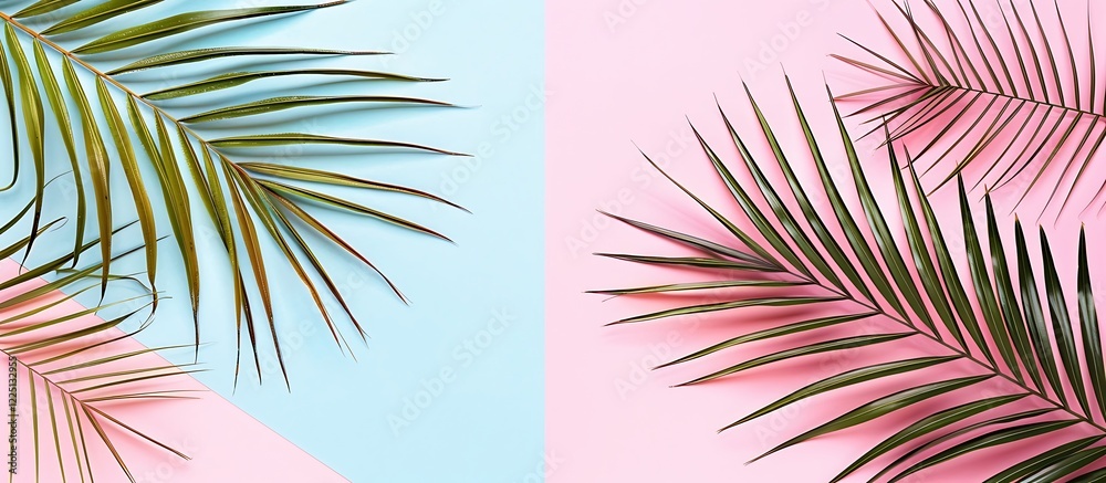 Tropical palm leaves on a split pink and blue background, creating a fresh summer look, minimal style, top view. Tropical palm leaves on a split pink and blue background, creating a fresh summer look, minimal style, top view.