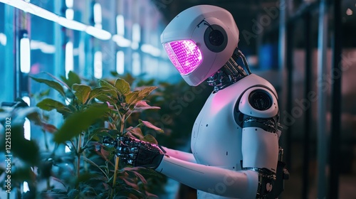 Robotic assistant tending plants in a futuristic indoor garden with glowing pink faceplate