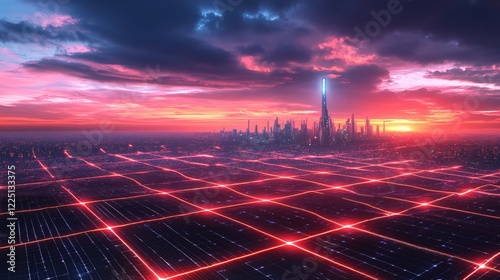 Futuristic city skyline at sunset with red grid and dramatic sky in a science fiction style