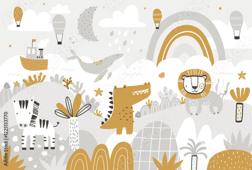 Vector illustration of cute African animals, ocean, whale and ship, balloons and plants. Mountain landscape, clouds and rainbow. Kids tropical wallpaper. Jungle, children's room design, wall decor.
