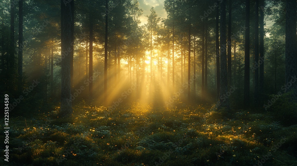 Naklejka premium Sunbeams Dance Through Misty Forest