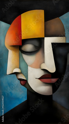 Abstract faces intertwine in colorful geometric shapes reflecting emotions and duality in art