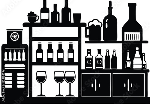 Black and white silhouette of a hotel club bar scene with guests