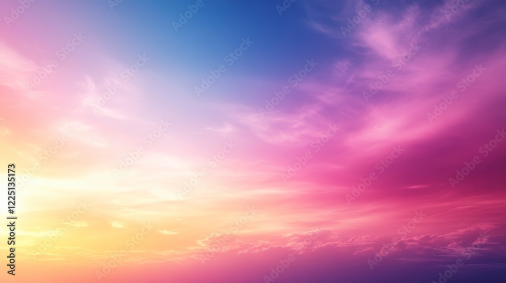 Obraz premium Vibrant sunset sky with pastel hues of pink, purple, orange, and yellow. Soft clouds create a dreamy atmosphere. The sun is partially visible, adding