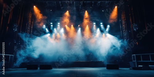 A dramatic stage setup with vibrant lighting and fog, perfect for promoting concerts, music festivals, and live performances.