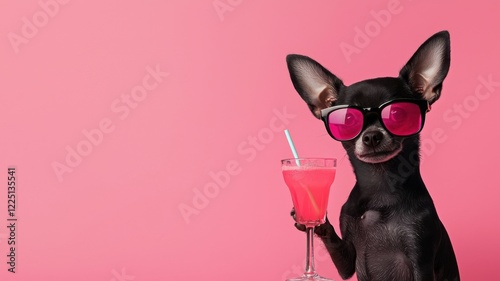 A stylish dog in pink sunglasses holds a colorful drink against a vibrant pink background, exuding a fun and playful vibe.