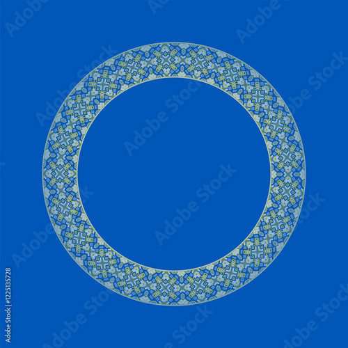 Vector illustration of round frame Ukrainian ornament in ethnic style, identity, vyshyvanka, embroidery for print clothes, websites, banners. Background. Geometric design, copy space, frame