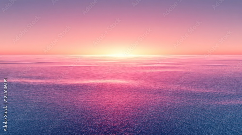 Fototapeta premium Pink and purple sunset over a calm ocean with a soft, hazy glow. The sun is low on the horizon, casting a warm light across the water. The sky is a