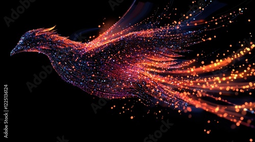 Abstract glowing bird shape made of particles on a black background with flowing lines