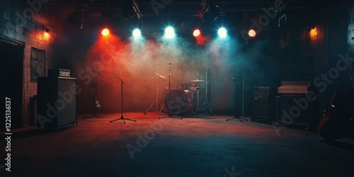 A vibrant music stage setup with instruments and lighting, perfect for promoting concerts, music events, or nightlife experiences.