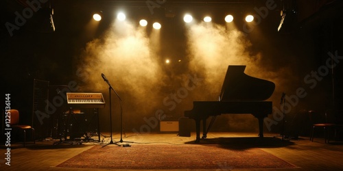 A dramatic stage setup featuring a grand piano, keyboard, and microphone, ideal for promoting music events, concerts, or artistic performances.