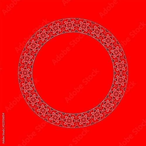 Vector illustration of round frame Ukrainian ornament in ethnic style, identity, vyshyvanka, embroidery for print clothes, websites, banners. Background. Geometric design, copy space, frame