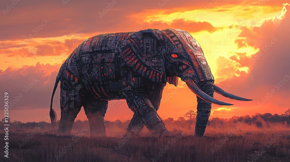 Fototapeta premium Mechanical elephant walking under a vibrant sunset sky with orange and red hues in a field