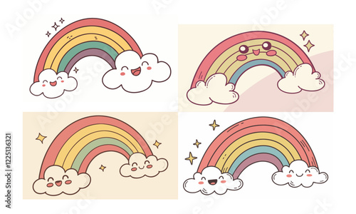  Cute Kawaii Rainbow Illustrations with Smiling Clouds and Adorable Expressions