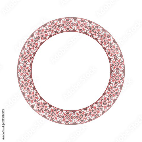 Vector illustration of round frame Ukrainian ornament in ethnic style, identity, vyshyvanka, embroidery for print clothes, websites, banners. Background. Geometric design, copy space, frame