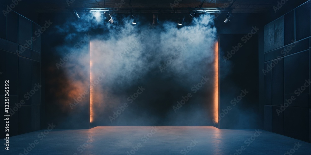 A dramatic scene featuring a foggy space illuminated by soft lights, ideal for music events, theater productions, or artistic performances. A dramatic scene featuring a foggy space illuminated by soft lights, ideal for music events, theater productions, or artistic performances.