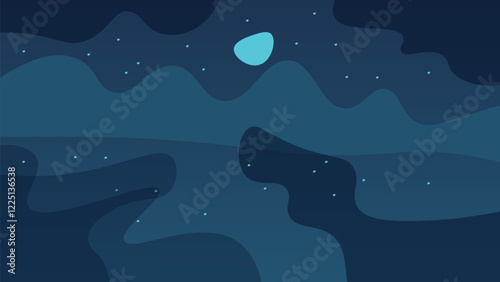 Abstract Landscape Dark Moon Clouds Mountains Stars Vector Design