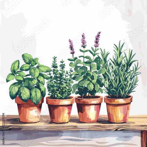 Watercolor Indoor Herb Garden on Hanging Shelf