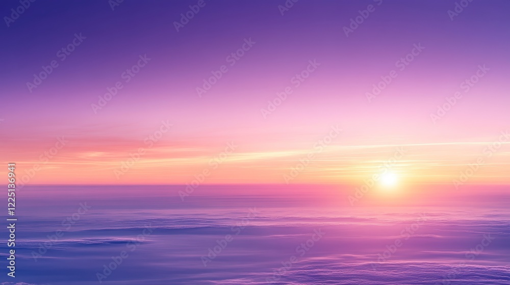 Obraz premium Purple and orange sunset over a wide, snow covered landscape. The sun glows brightly on the horizon, casting a warm light over the scene. A serene