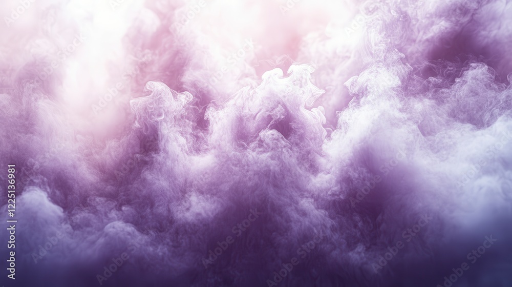 Fototapeta premium Dramatic cloudscape with purple and white fluffy clouds illuminated by a warm light source. The image evokes a feeling of ethereal beauty and