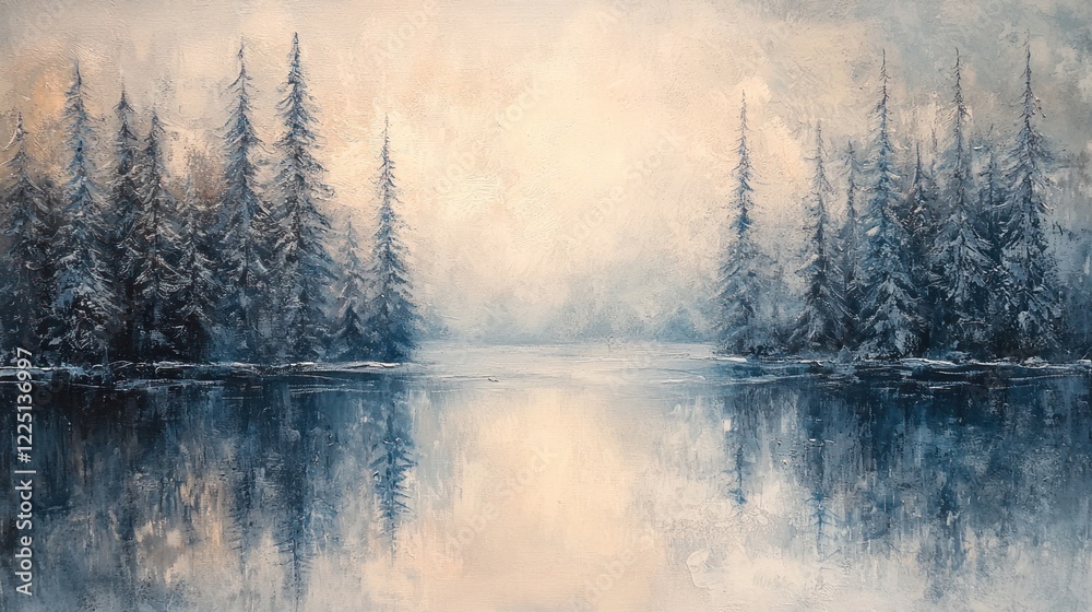 Fototapeta premium Serene winter landscape painting of snow-covered trees reflected in a calm lake.