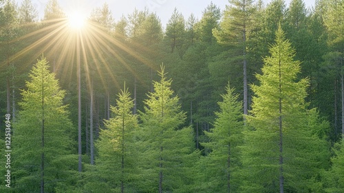 Sunlight streaming through lush evergreen forest at dawn photo