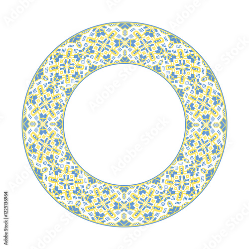 Vector illustration of round frame Ukrainian ornament in ethnic style, identity, vyshyvanka, embroidery for print clothes, websites, banners. Background. Geometric design, copy space, frame
