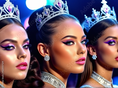 Three contestants showcase beauty and elegance during a pageant competition with colorful lighting in the background photo
